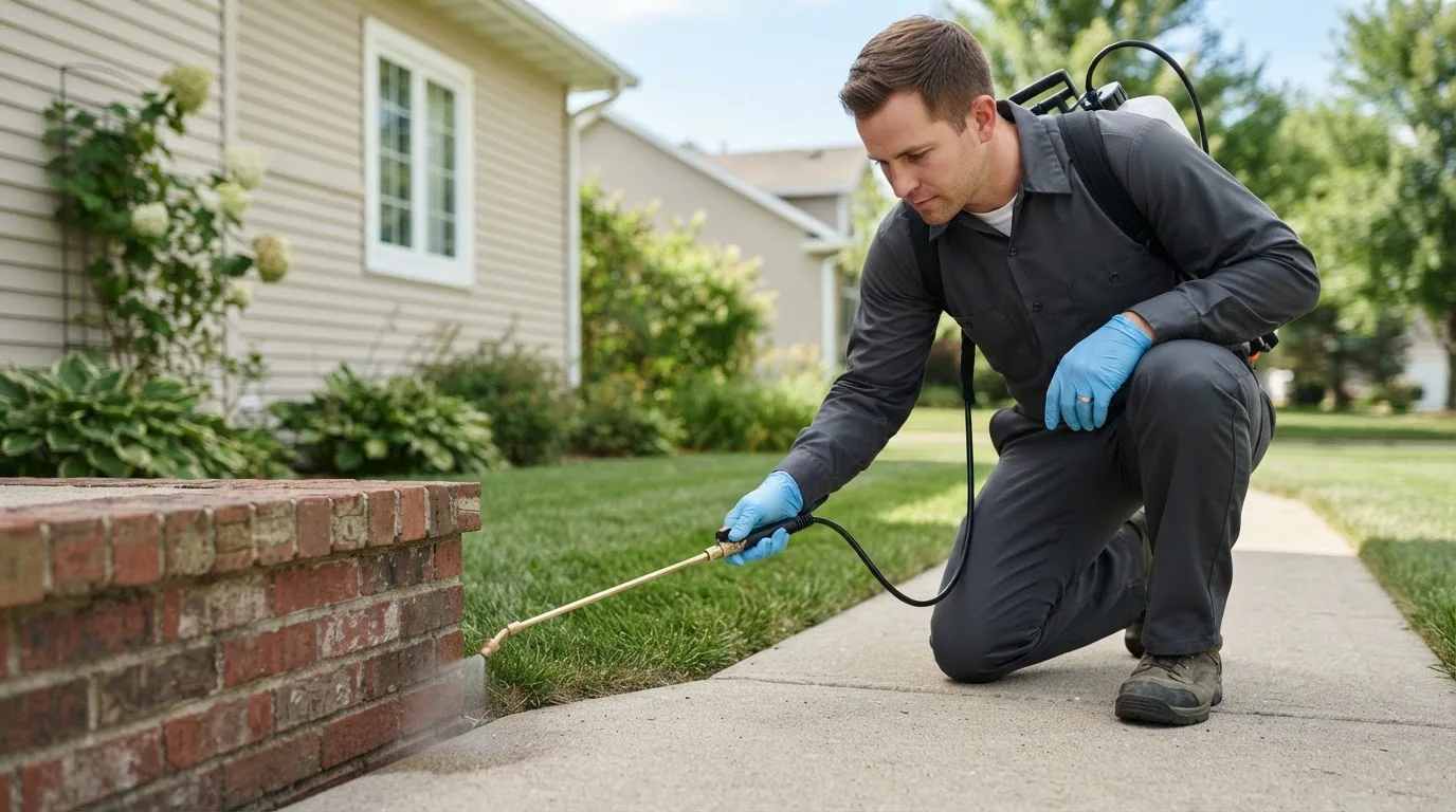 Pest control technician treating a home near Dorchester, IA