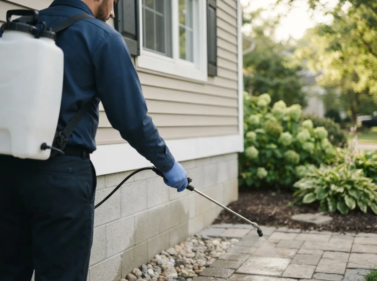 Pest control technician inspecting a home in Dorchester, IA